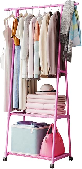 Xpork Clothes Rail 160 * 42.5 * 56cm Coat Rack Storage Shelf Bedroom Metal Frame Hanging with 2 Tiers Storage Shelf for Bedroom Boutiques Office (Pink)