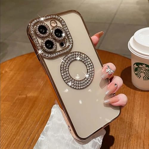 Miniatura 3 de Funda para iPhone 13 Pro Max con diamantes de imitación brillantes, transparente y bonita funda dorada estética, de lujo, galvanizada para iPhone 13