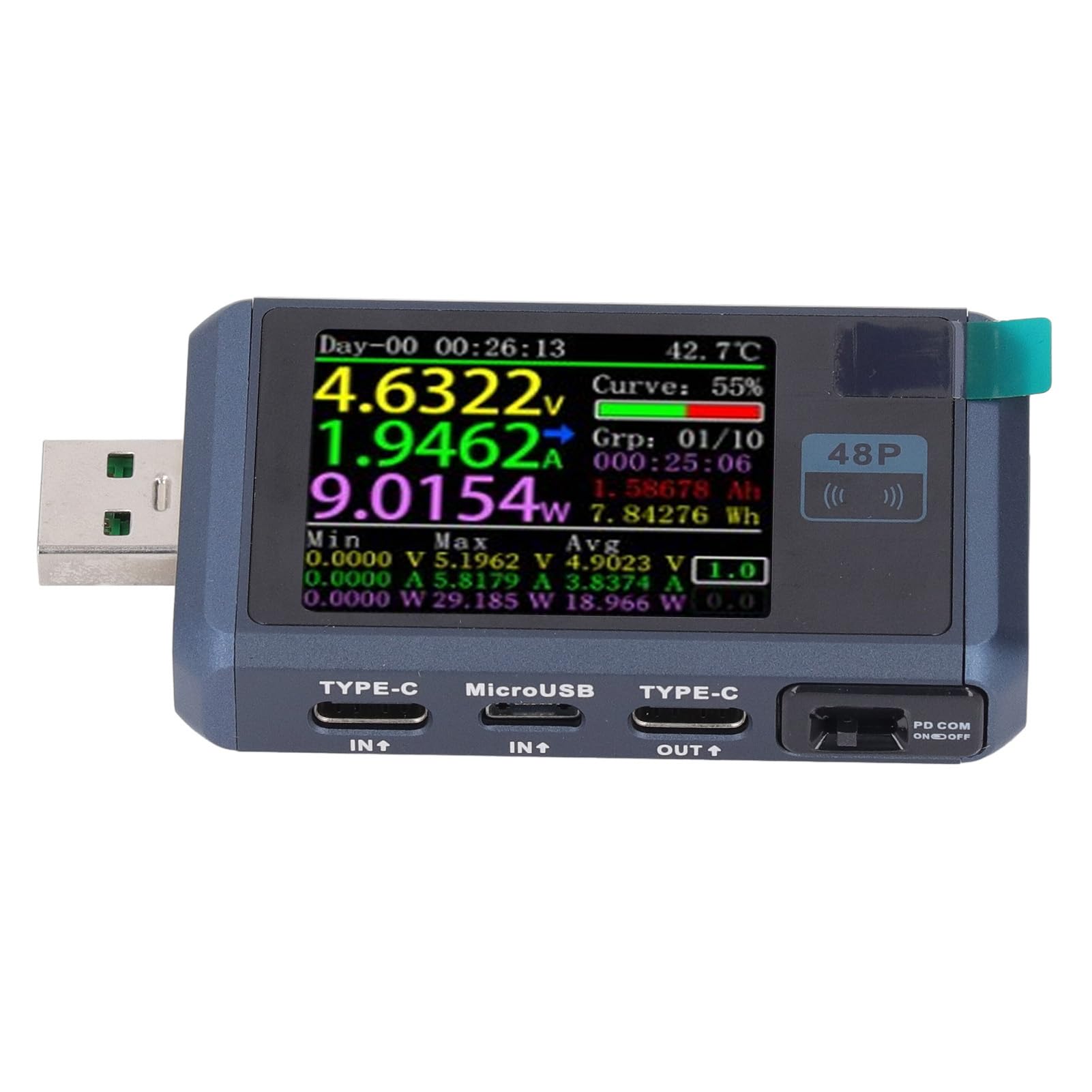 Generic Tester USB z Kolorowym Wyświetlaczem, Wielofunkcyjny Multimetr Napięcia i Prądu do ładowania urządzeń, 3 Porty, Metal, 1 X Tester