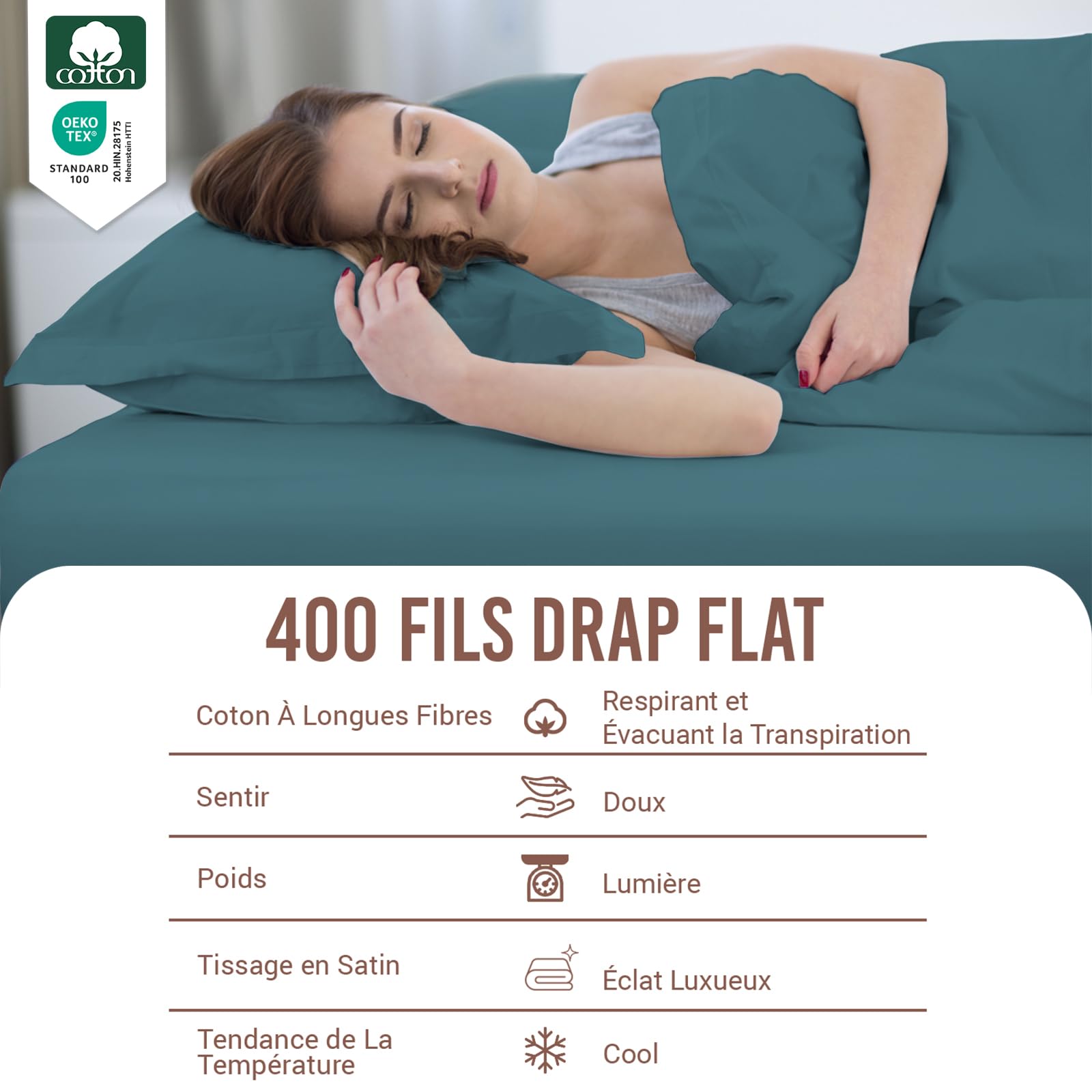 Pizuna Coton Peigné 2 Personnes Drap Plat 240x280 cm Bleu Paon 400 Fils | 100% Coton Longue Tige Armure Satin Drap Plat de Luxe avec Ourlet élégant (Bleu Paon)