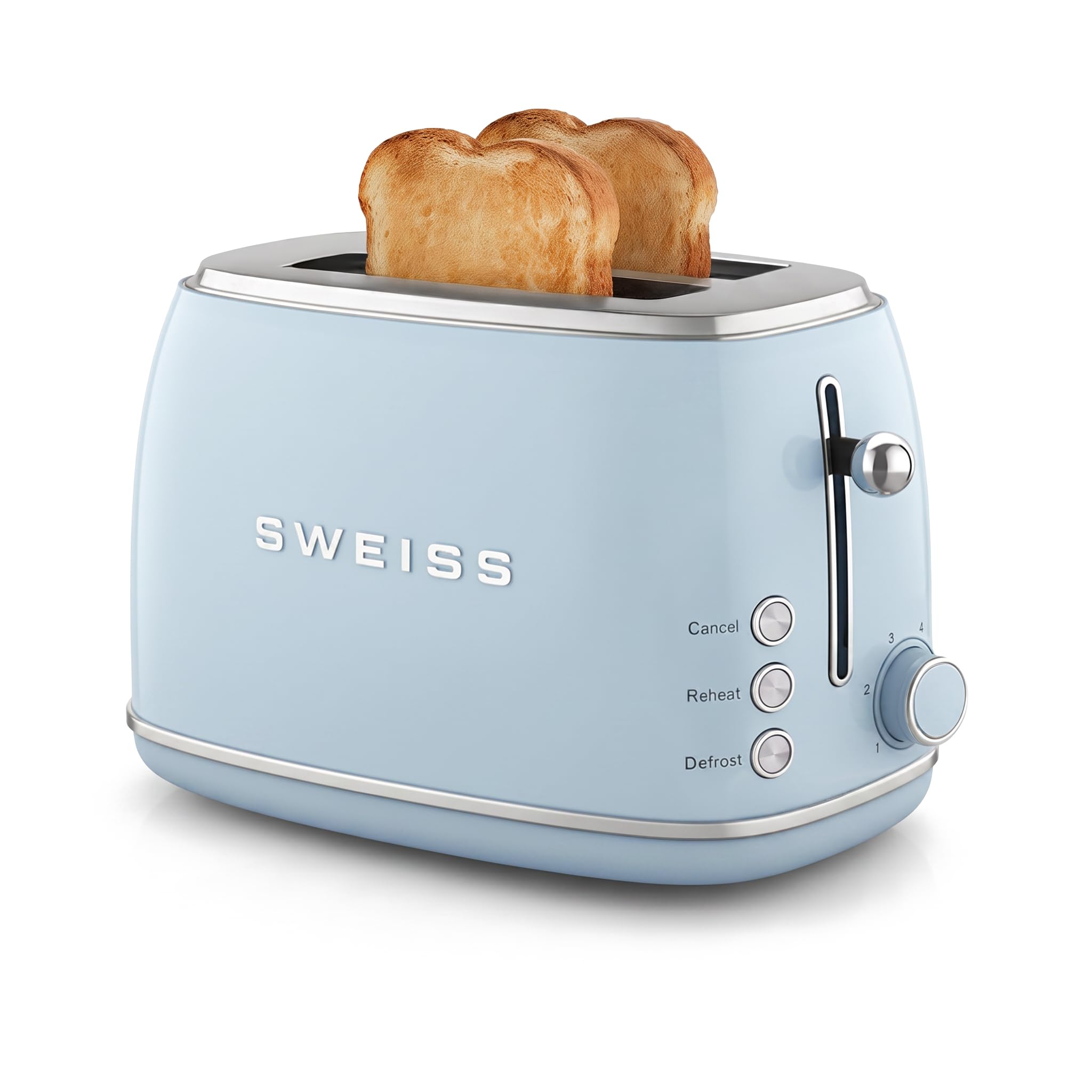 SWEISS Vintage-Toaster GRS6, 2 Schlitze, 6 Leistungsstufen, Auftaufunktion, Baguette-Funktion, schnell und gleichmäßig, einfache Reinigung, Krümelschublade, 850 W, Blau