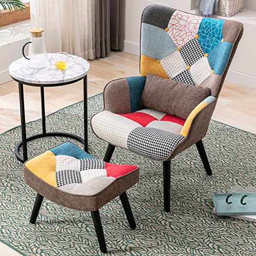 HomeMiYN Fauteuil Salon Patchwork avec Repose Pieds en Tissu Lin Multicouleur, Scandinave en Bois Massif avec Support Lombaire, Chaise d'appoint Confortable,...