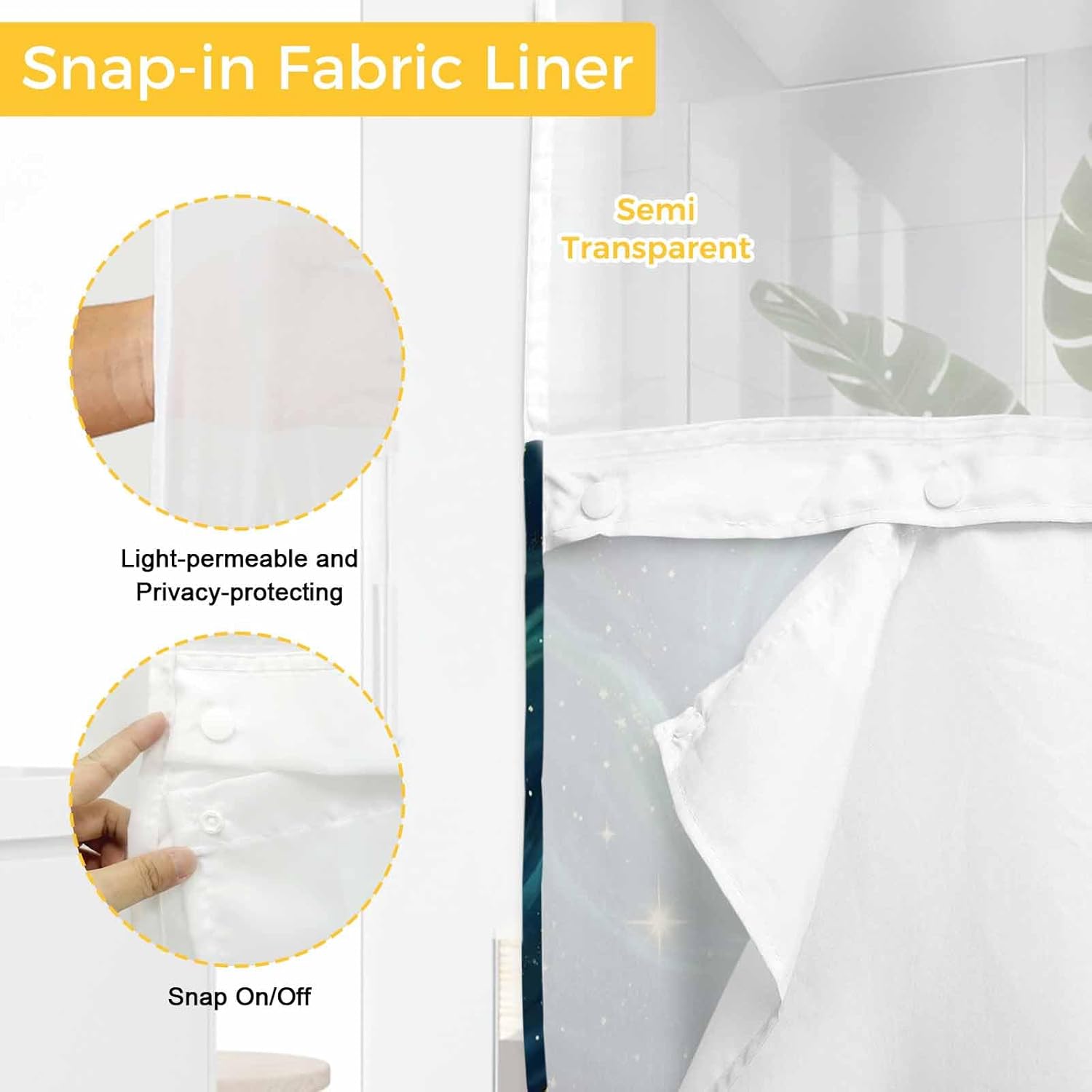 No Hook Shower Curtain and Snap in Liner Set, Green Starry Sky Fabric Bathroom Shower Curtains 66x72 Inch, See Through Mesh Top Window, Golden Stars Fantasy Cosmos Hotel Style, Washable Waterproof