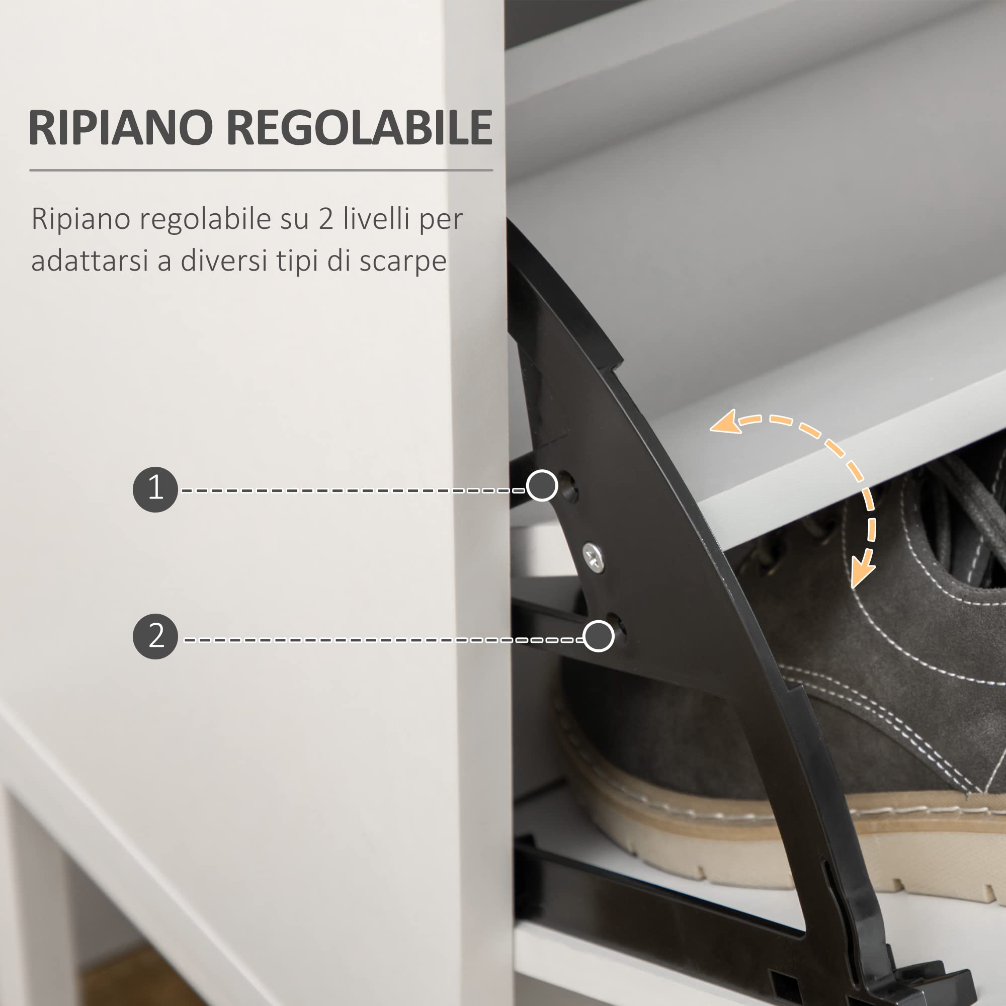 HOMCOM Mobile Portascarpe, Scarpiera Moderna per 12 Paia di Scarpe con 2 Ante a Ribalta e Cassetto, in Truciolato, MDF e Metallo, 75x26x110 cm, Bianco