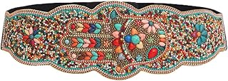 Bohemian Women Elastic Waist Belt Ethnic Beaded Flower Wide Waist Chain Strech Cinch Belt for Dresses
