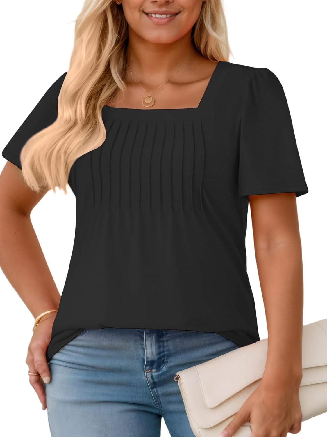 VISLILY Plus-Size-Womens-Summer-Tops Trendy Square Neck T Shirts Cute Flowy Pleated Tunics Casual Short Sleeve Blouses XL-5XL - Image 2