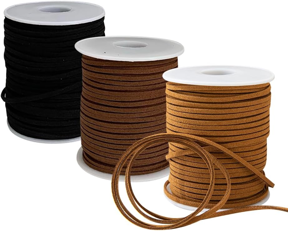 GSHLLO 3 Rolls 3 mm x 50 Yards Flat Suede Leather String Thin Faux Leather Cord Rolls Jewelry Making Twine Strips Lace Ribbon Thread Beading Supplies for Keychains Hats