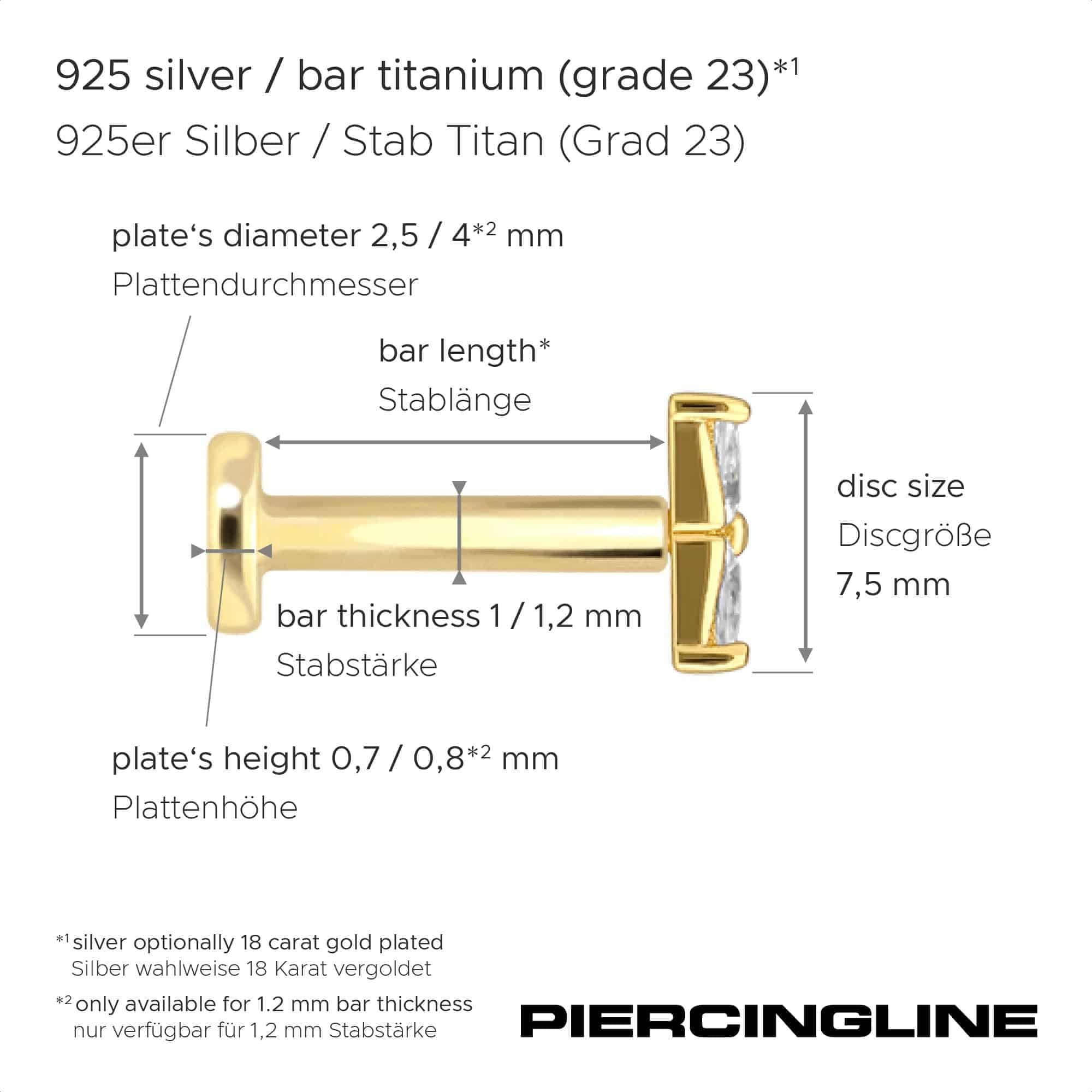 PIERCINGLINE Piercing Stecker Titan Labret mit Innengewinde + 925er Silber Aufsatz MOISSANIT-BLUME - Goldfarben, Silberfarben