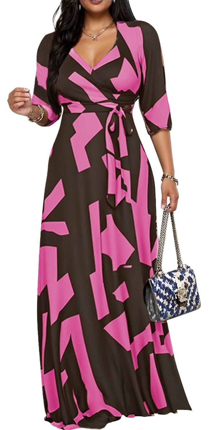 Women's Church Maxi Wrap V Neck 3/4 Sleeve Tie Waist Plus Size Long Dress