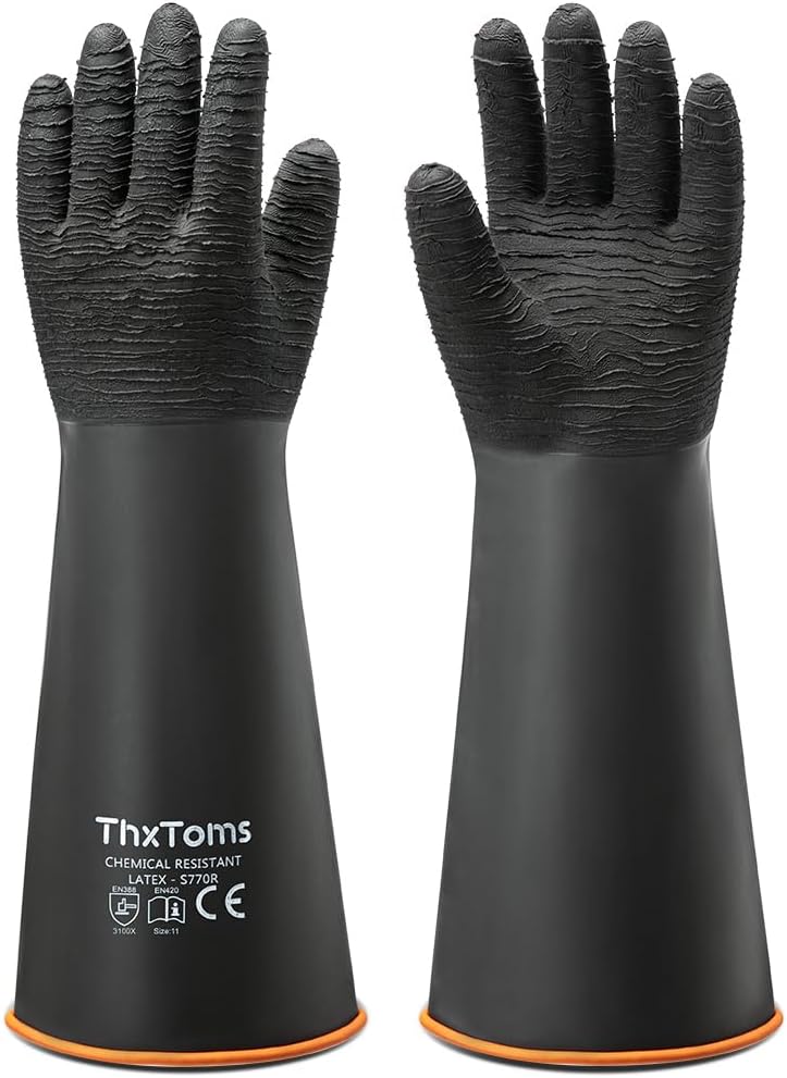 ThxToms Heavy Duty Rubber Gloves, Industrial Chemical Resistant Gloves Waterproof Reusable Protective Work Gloves for Cleaning, Dishwashing,Upgraded with Non-Slip Design, Black, 18" 1 Pair