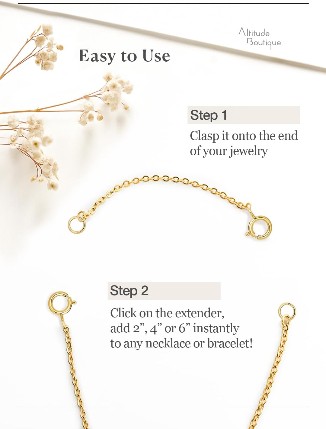 Altitude Boutique Gold Plated Jewelry Chain Extenders with Spring Clasps | Hypoallergenic and Waterproof Necklace Chain Extension Set for Women | 3 Piece Set with 2, 4, and 6 inch Chains (Gold) - Image 4