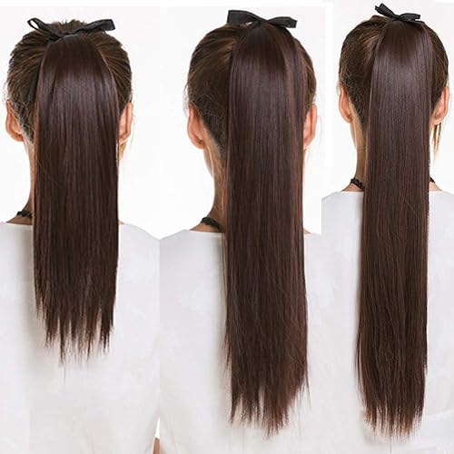 Miniatura 4 de 455525.6 in moda mujeres largo recto peluca cola de caballo extensión del pelo Cosplay hairpiece marrón oscuro 25.6 in