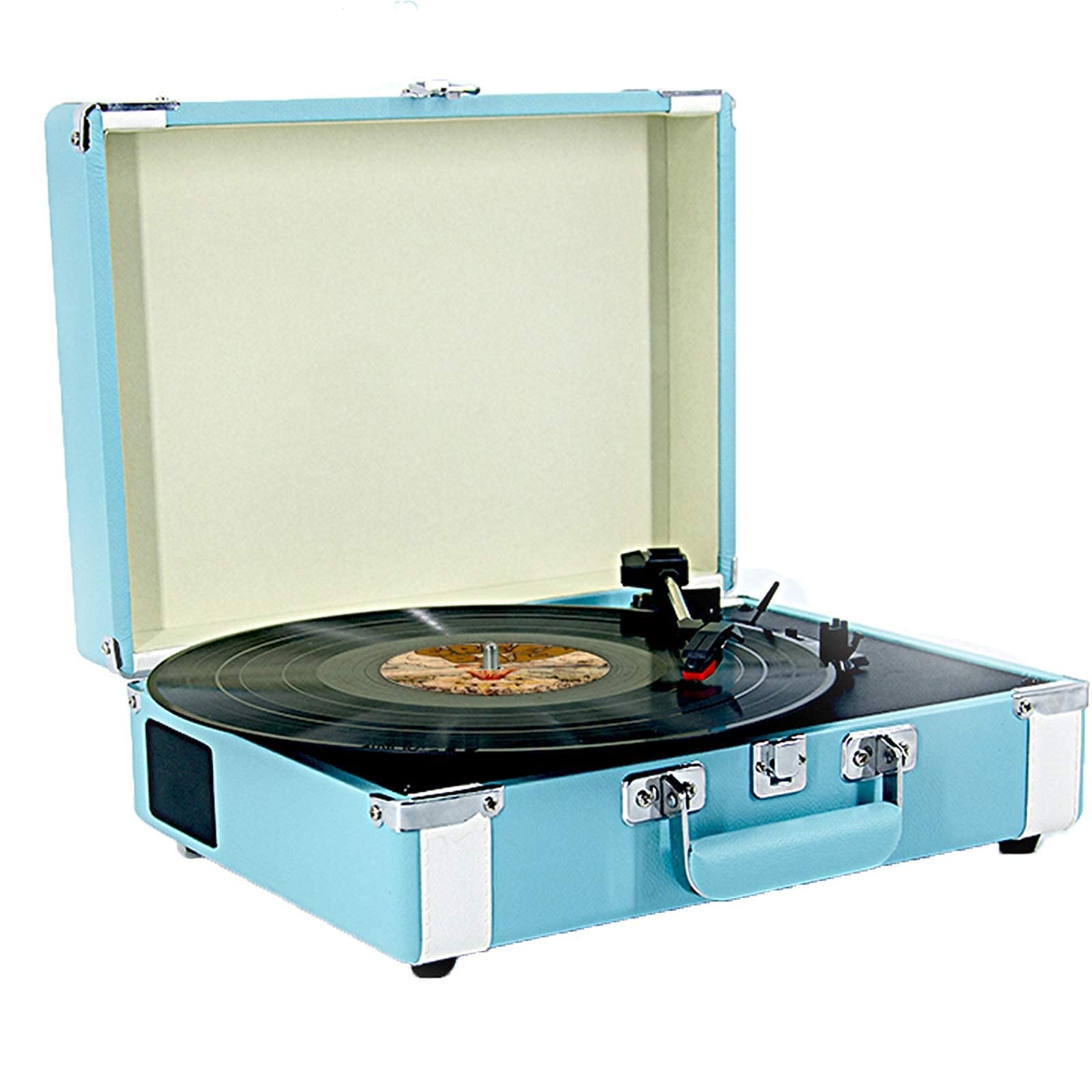 Vintage 3-biegowy gramofon Bluetooth, przenośny gramofon walizkowy, gramofon obsługujący odtwarzanie płyt winylowych 7/10/12 cali, gniazdo słuchawkowe (niebieski A)