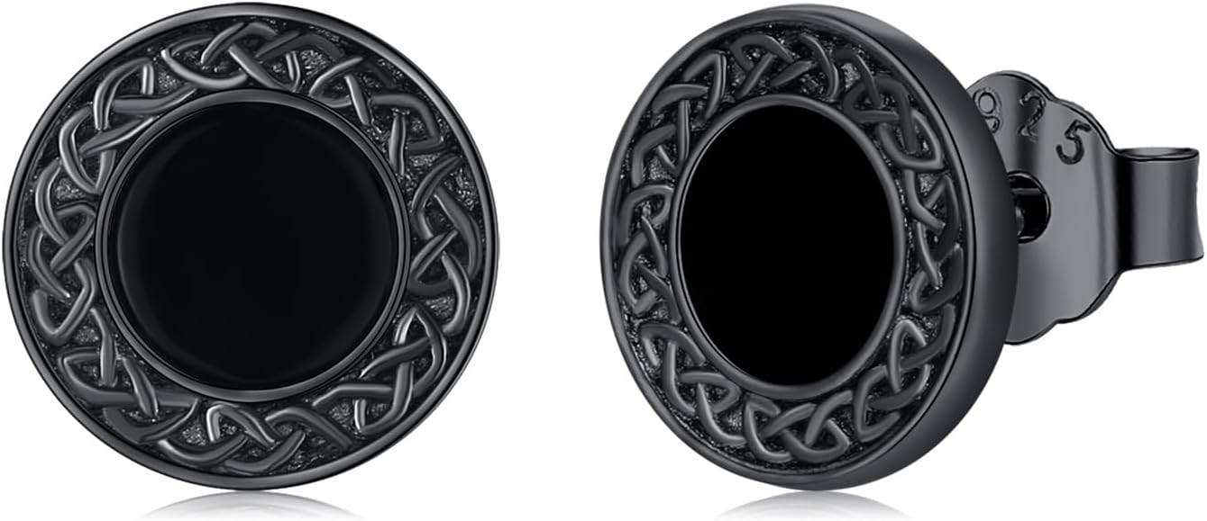 Black Onyx Earrings 925 Sterling Silver Celtic Viking Earrings Zircon Stud Earrings Hypoallergenic Punk Gothic Jewelry Gifts for Women Men