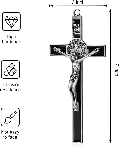 Miniatura 2 de Wellcho Crucifijo de pared esmaltado negro - Arte de pared de metal de San Benito, cruz de 7 pulgadas para dar bendición y lo sagrado espiritual: