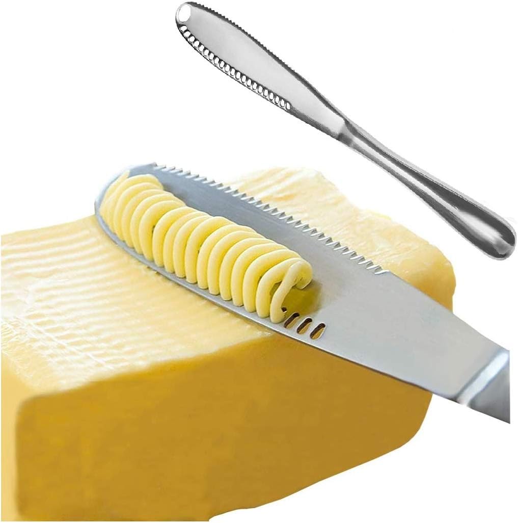 Butter Knife, 3 in 1 Stainless Steel Spreader Serrated Edge Shredding Slots Easy to Hold for Bread Butter Cheese Jam Slicer