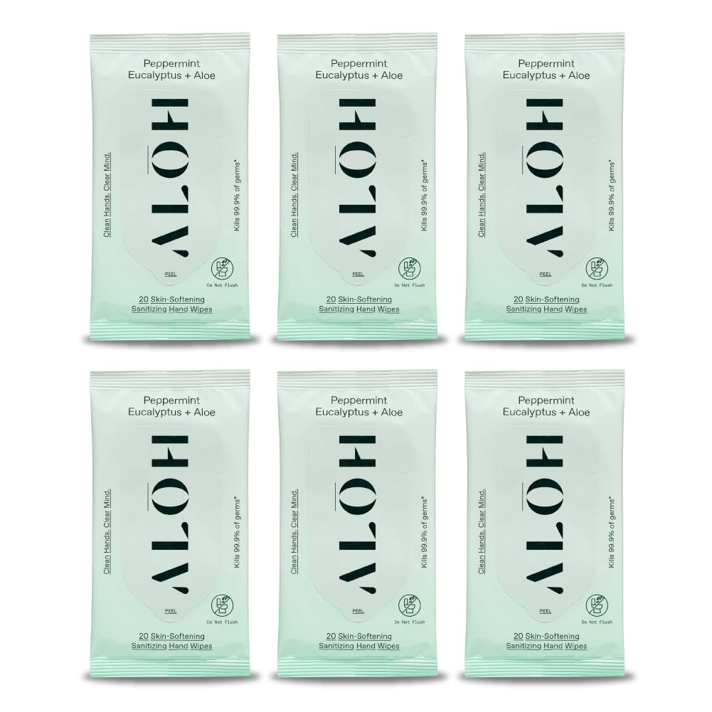 ALŌH Peppermint Eucalyptus Sanitizing Hand Wipes - Clean Hands, Clear Mind On The Go Sanitizer for Kids and Adults - Travel Size 6 packs of 20ct Wipe (120 Wipes)