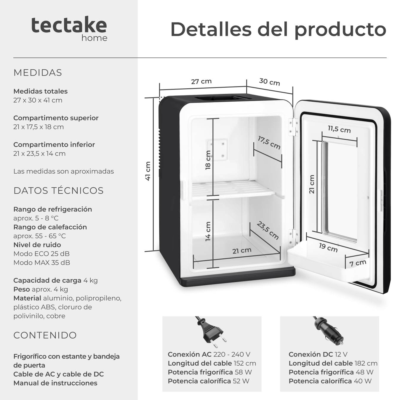 tectake® mini nevera portatil electrica, nevera pequeña para cosméticos, frigorificos pequeños 2 en 1 con función enfriamiento y calefacción, cables AC/DC y modo ECO - Negro
