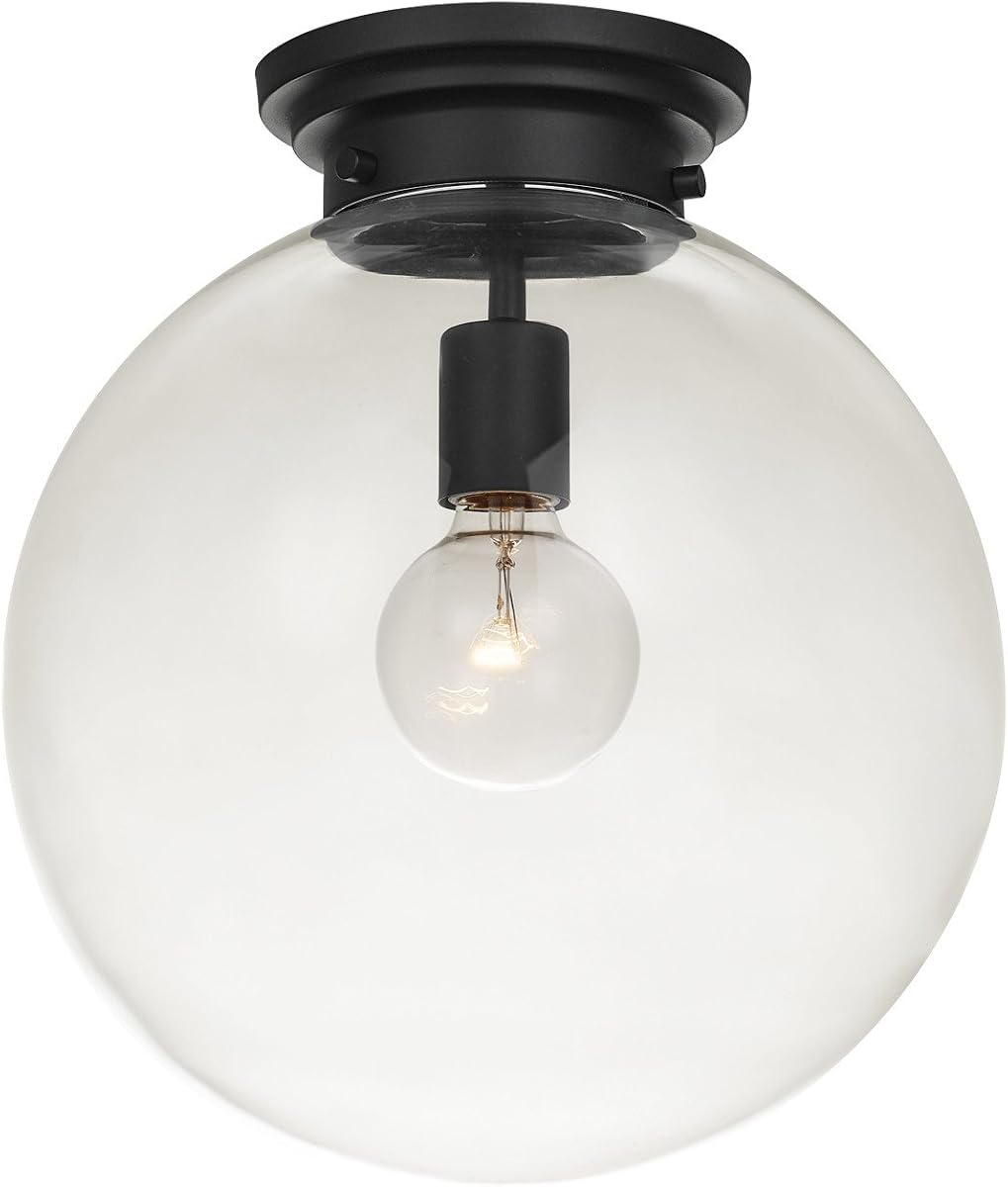 65954 1-Light Semi-Flush Mount Ceiling Light Fixture, Black, Clear Glass Shade, Light-Fixtures Ceiling-Mount, E26 Bulb, Dining Room Decor, Bulb Not Included
