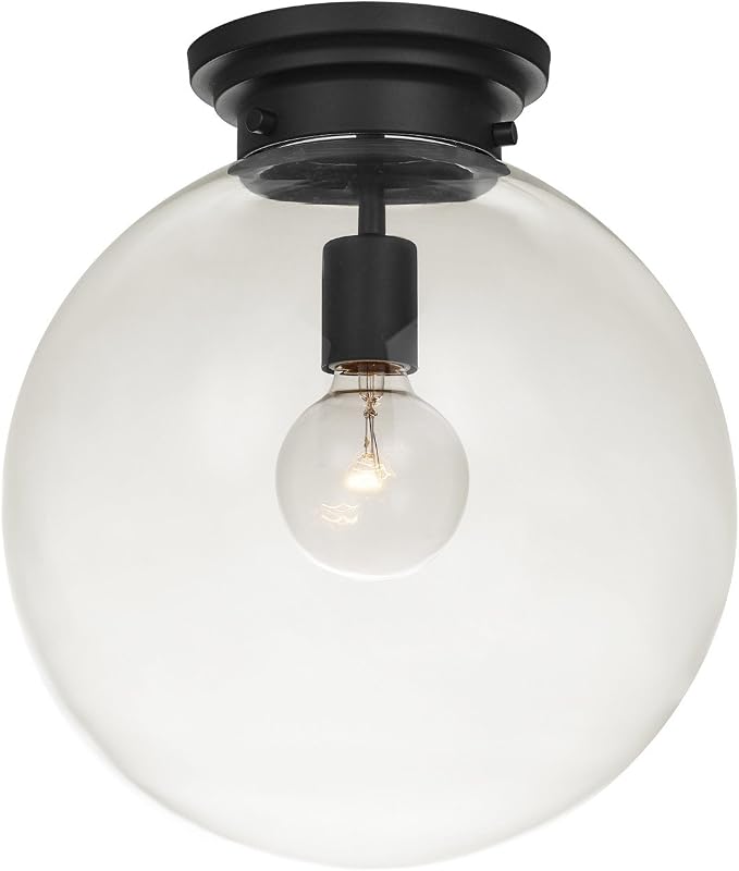 65954 Lámpara de techo de montaje semiempotrado de 1 luz, negro, pantalla de vidrio transparente, lámparas de montaje en techo, bombilla E26, decoración de comedor, bombilla no incluida