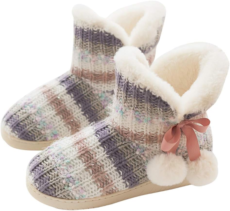 Rojeam Winter Boots Slippers Knitted Women Men Home Booties Plush House Shoes Indoor Outdoor
