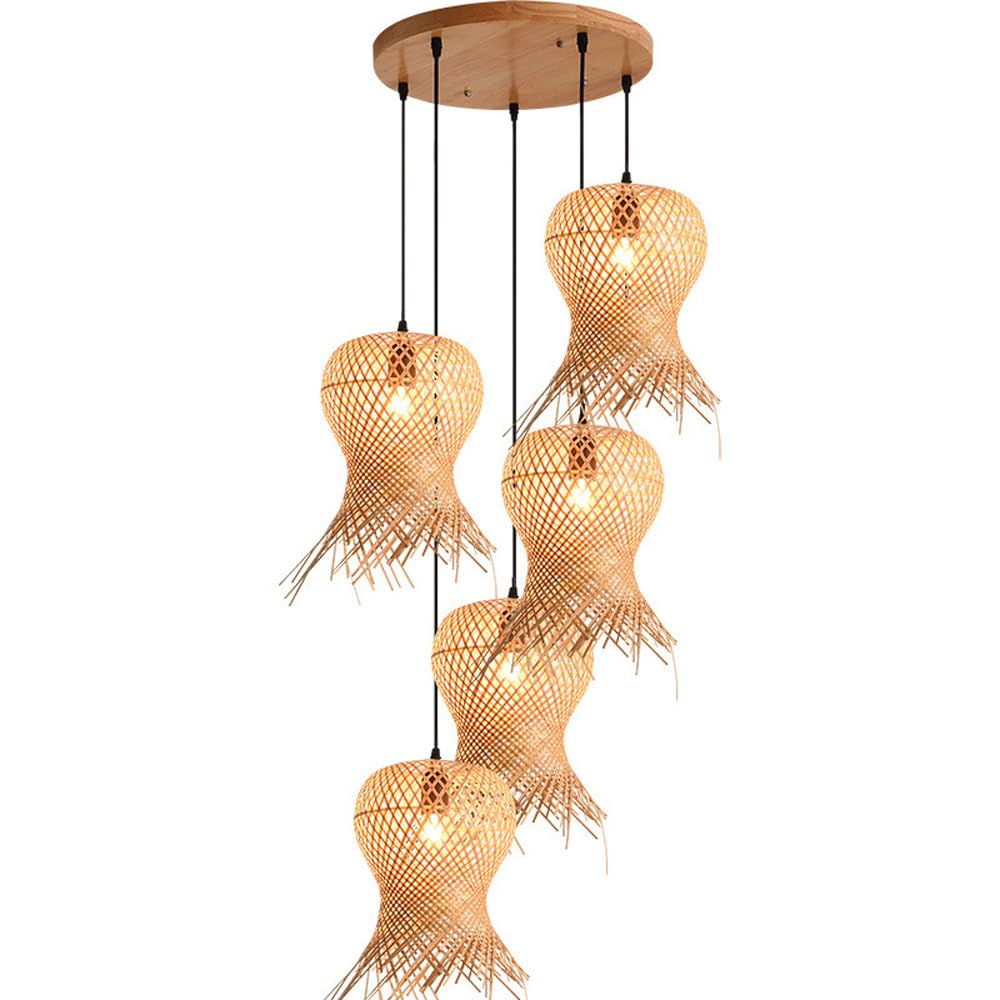 SXECAEPS Modern creative chandelier Woven Bamboo Pendant Light Farmhouse Boho Rattan Hanging Fixture 5-light Ceiling For Dining Room Kitchen Island Living Bedroom