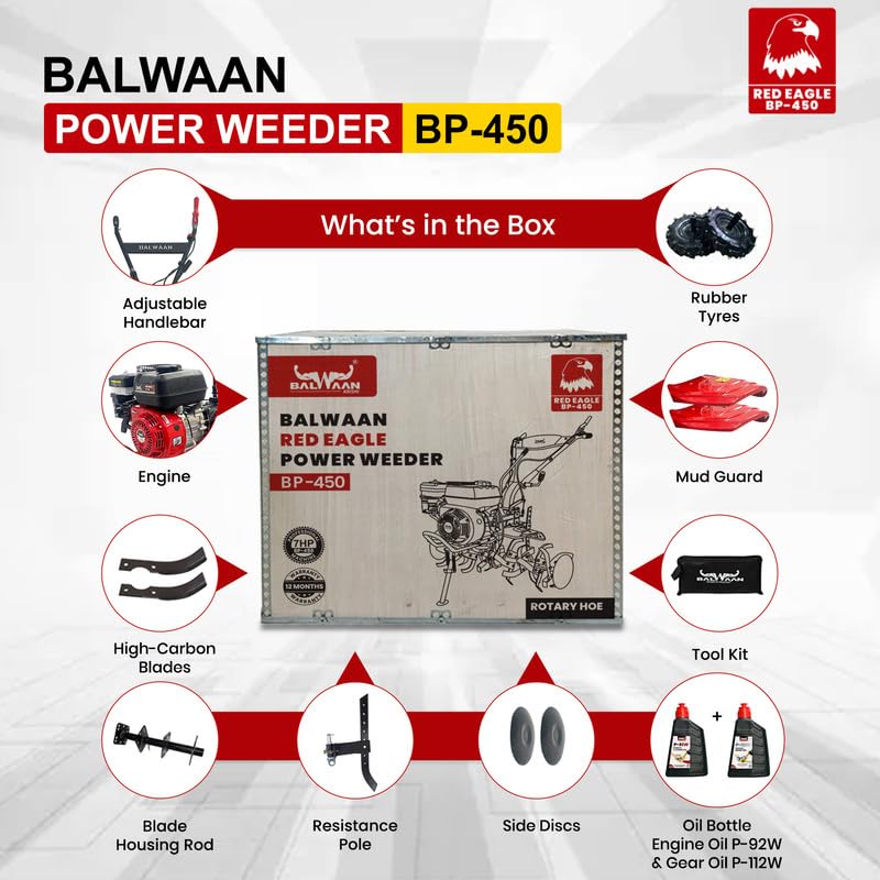 Image of Balwaan Krishi Power Weeder with 212 CC 4-Stroke Petrol Engine (Red&Black) | for Inter-Weeding in Hilly Regions with 24 Blades, 30 inch Width & 10 inch Cultivation Depth, Lightweight & Easy Handling | BP-450
