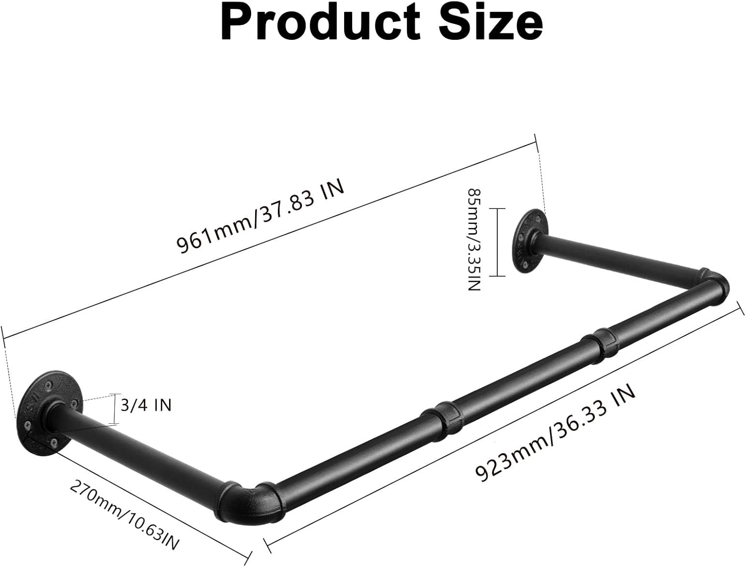 Industrial Iron Pipe Clothes Hanging Bar DIY Wall-Mounted Garment Rack Heavy Duty Clothing Rack for Bedroom, Laundry Room, Closet Storage (Black 36 inch)