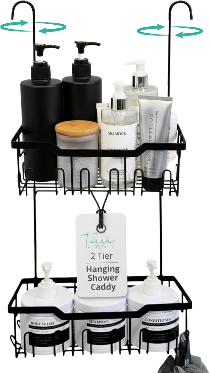 Black Shower Caddy Hanging - Rust-Proof 304 Stainless Steel Shower Caddy with Rotatable Hooks and Adhesives - Ideal for Bathroom Essentials - Convenient for Bathroom Toiletries