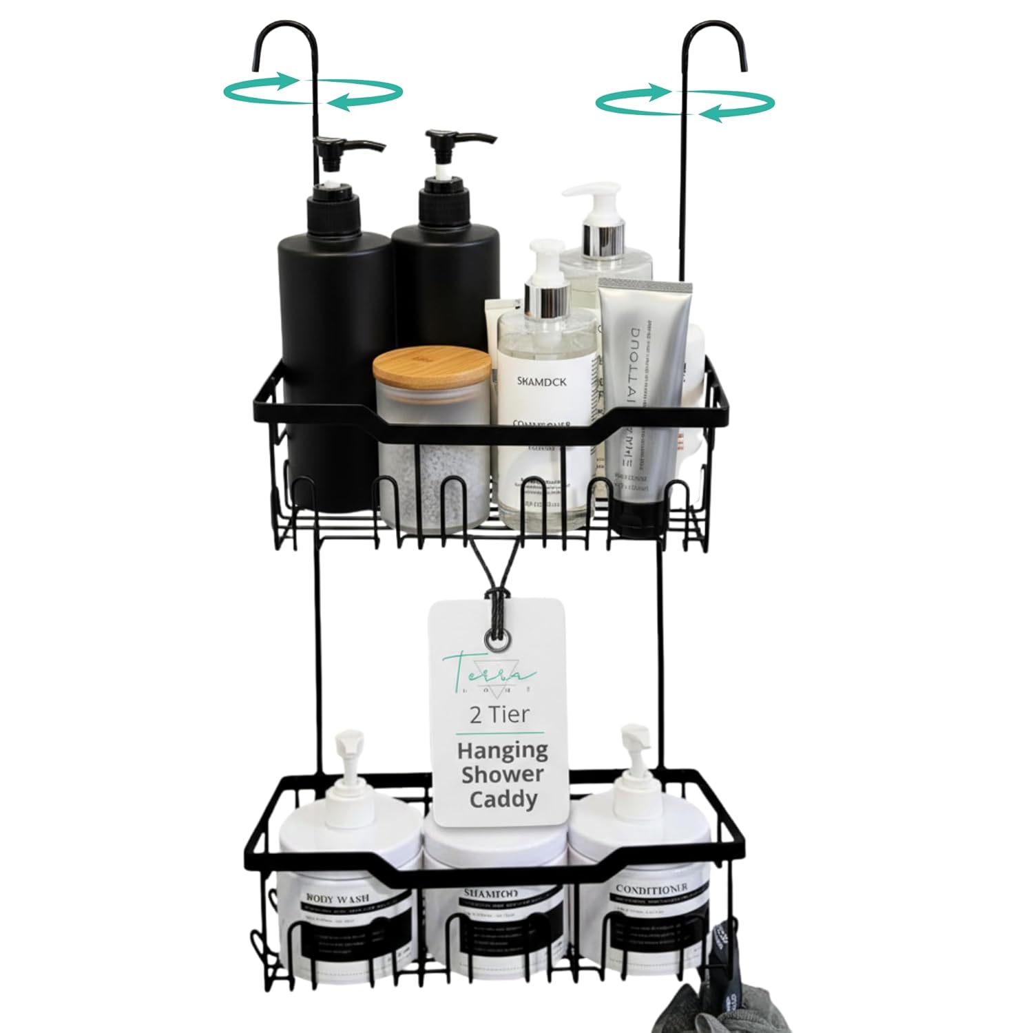Black Shower Caddy Hanging - Rust-Proof 304 Stainless Steel Shower Caddy with Rotatable Hooks and Adhesives - Ideal