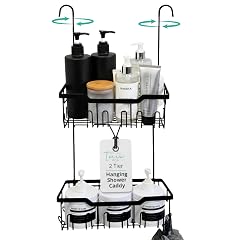 Black Shower Caddy Hanging - Rust-Proof 304 Stainless Steel Shower Caddy with Rotatable Hooks and Adhesives - Ideal