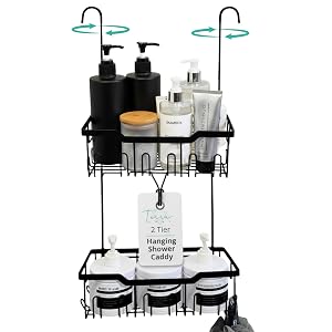 Black Shower Caddy Hanging - Rust-Proof 304 Stainless Steel Shower Caddy with Rotatable Hooks and Adhesives - Ideal