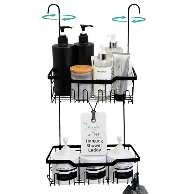 Black Shower Caddy Hanging - Rust-Proof 304 Stainless Steel Shower Caddy with Rotatable Hooks and Adhesives - Ideal