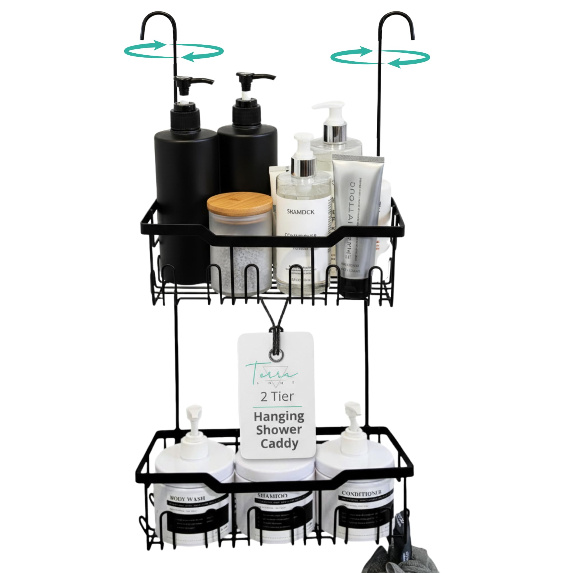 Black Shower Caddy Hanging - Rust-Proof 304 Stainless Steel Shower Caddy with Rotatable Hooks and Adhesives - Ideal