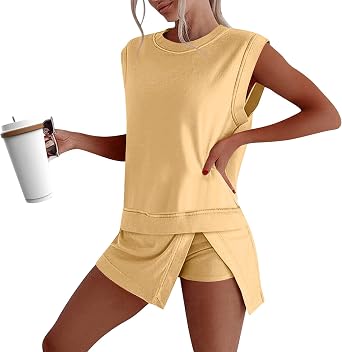 Skort Sets for Women 2 Piece Summer Outfits Sleeveless Tank Top Lined Split Skirt Set Vacation Short Lounge Sets