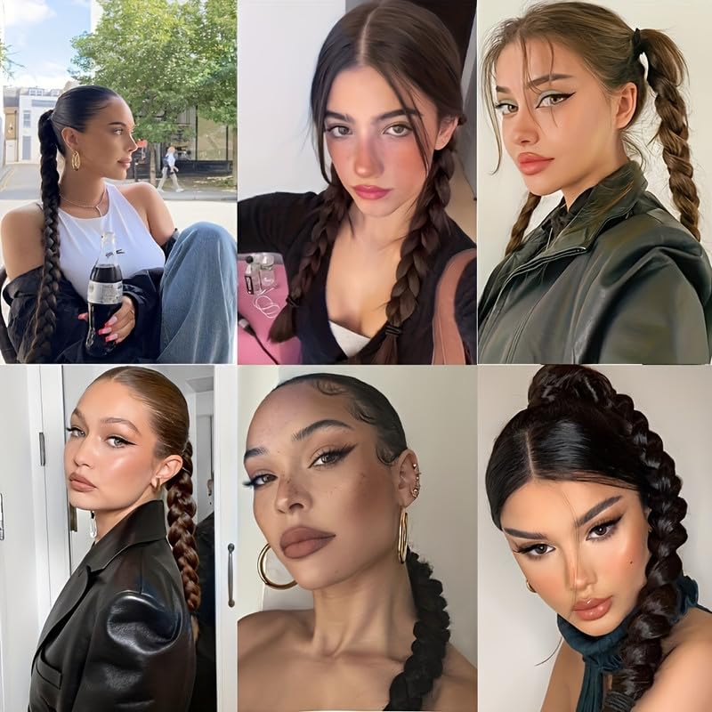 Image of 24 inch Heat Resistant Clip In Synthetic Straight Hair Extensions - Synthetic Hair Extension /Ponytail Long Braided Ponytail With Elastic Hair Ties Synthetic Hair Extensions (Style 5)