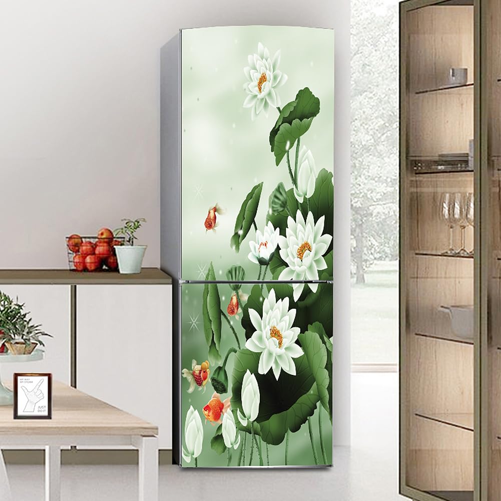Myxjx White Fridge Wrap, Full Covering Door Fridge Covers Skins Wall Stickers For Kitchen Decal, Green Leaf Lotus
