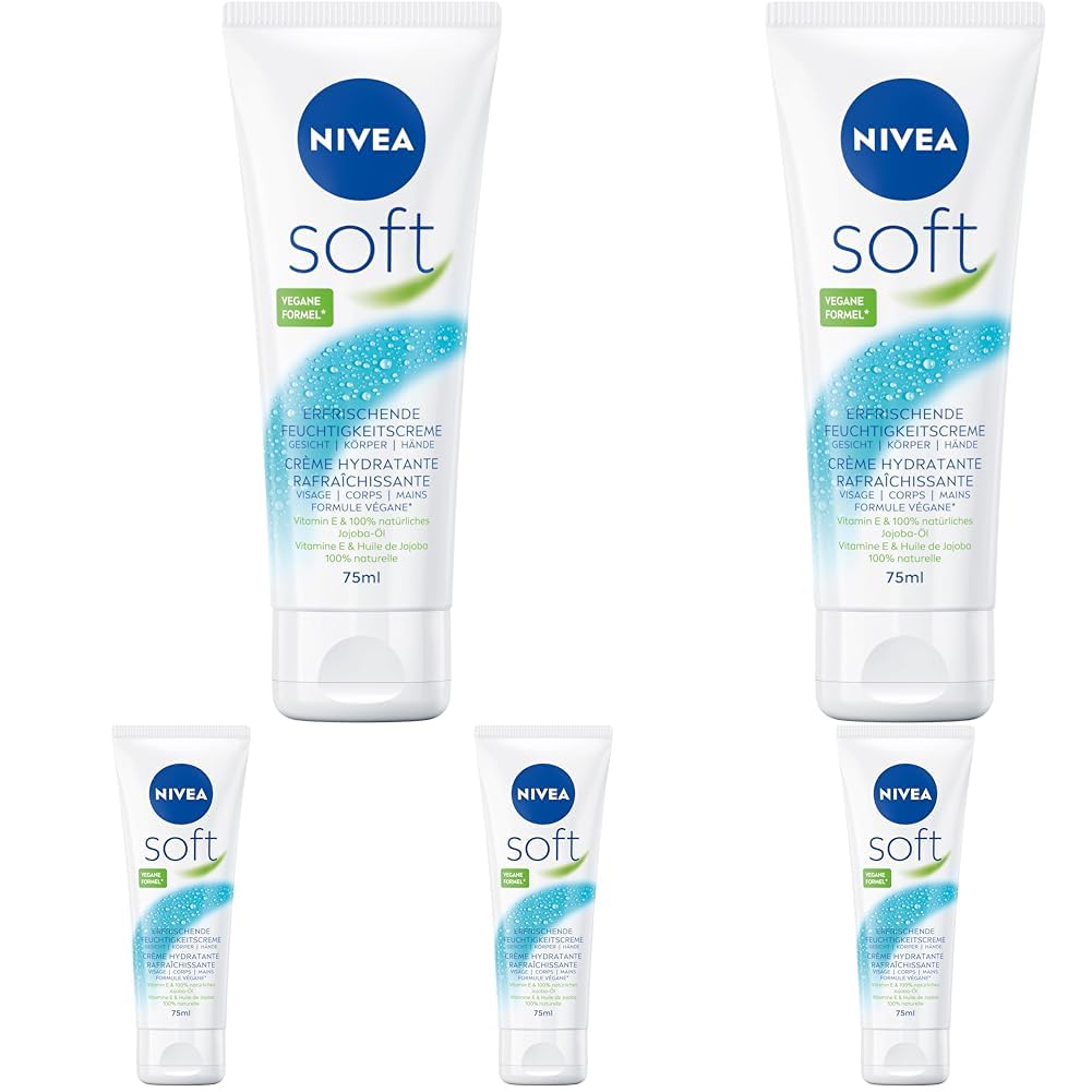 NIVEA Soft Erfrischende Feuchtigkeitscreme, leichte Creme mit Vitamin E und 100% natürlichem Jojoba-Öl, schnell einziehende Hautcreme für intensive Feuchtigkeit (75 ml) (Packung mit 5)