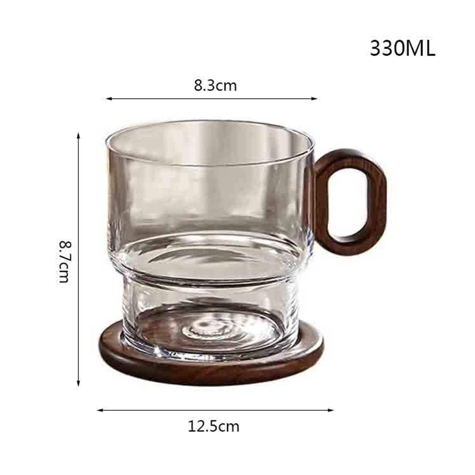Kaffeetassen-Set aus mit Untersetzer, 330 ml, klare Tassen aus Borosilikatglas mit Griff aus Walnussholz for Saft