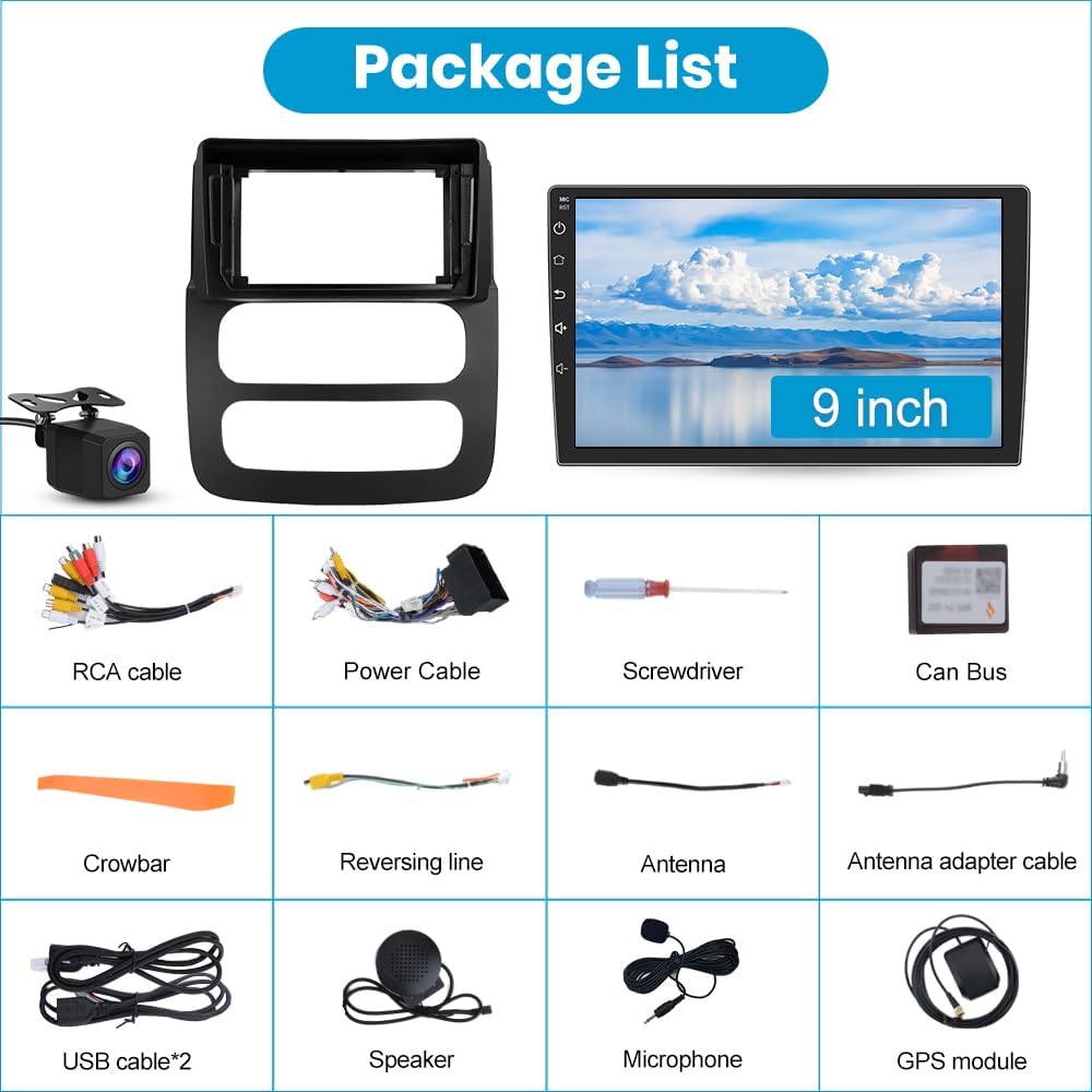 Package List: Car radio, RCA cable, Power cable, Screwdriver, Can Bus, Crowbar, Reversing line, Antenna, Antenna adapter cable, USB cable*2, Speaker, Microphone, GPS module, and a backup camera.