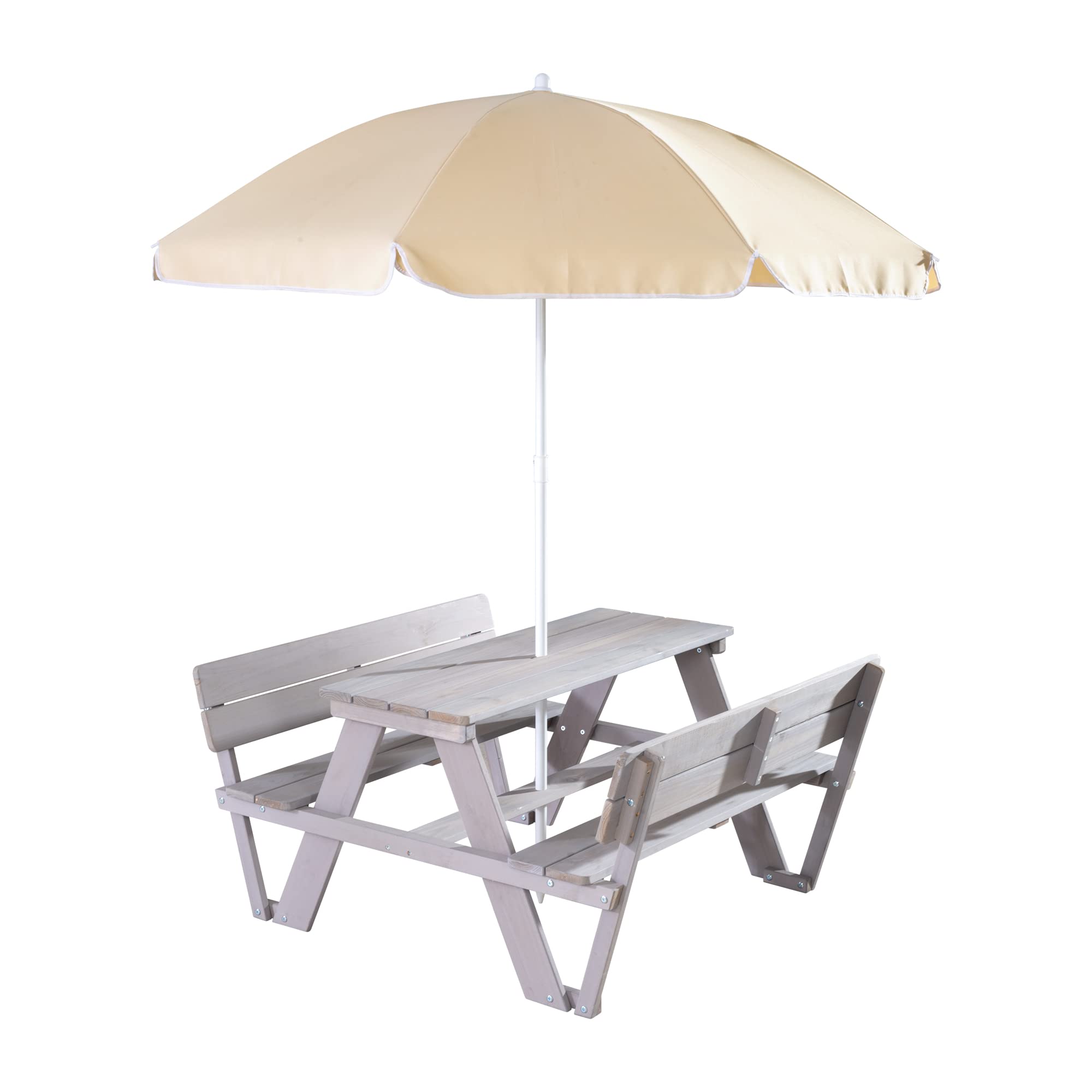 roba Table Pique-nique Enfants Outdoor + avec Dossier - Bois Massif + Coussins - Table d'Extérieur 4 places - Gris