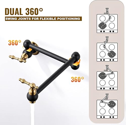 Miniatura 33 de WOWOW Grifo de llenado de ollas doradas, grifo plegable de cobre de montaje en pared, 2 manijas con brazos oscilantes de doble junta, grifo