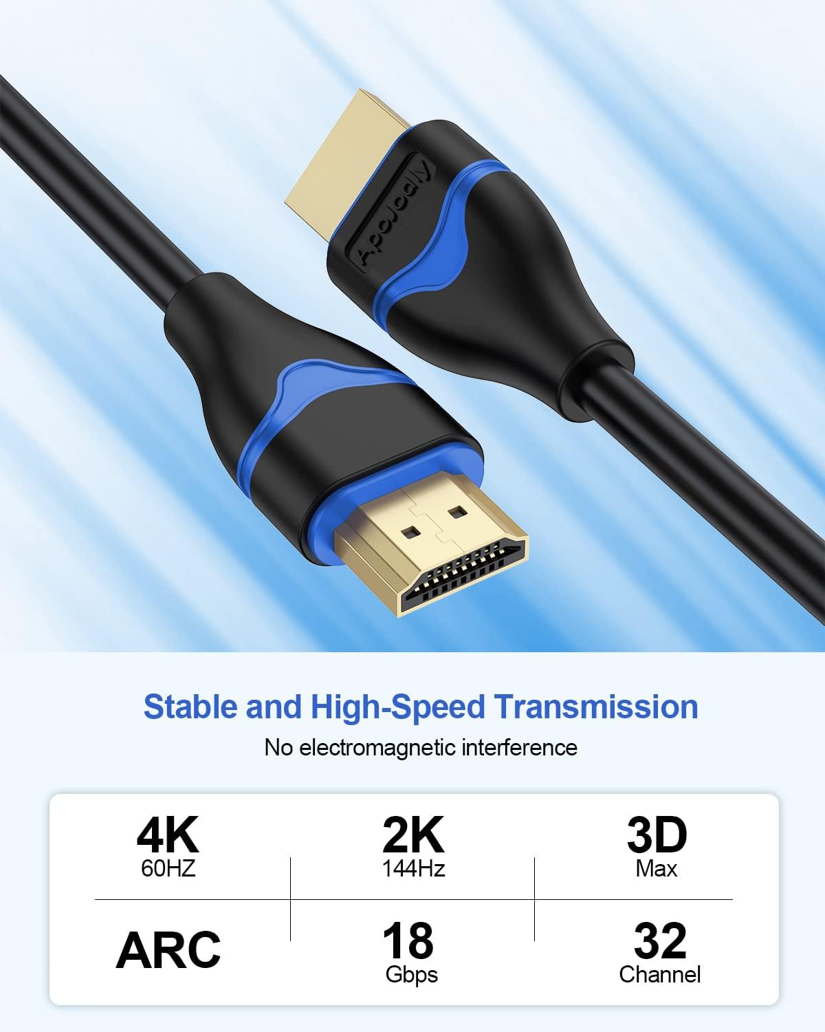 ApoJodly 4K HDMI Cable 3FT, HDMI 2.0 Cable 18Gbps High Speed HDMI to HDMI Cord 3 Foot (4K@60Hz, 2K@144Hz, 1080P@120Hz, HDR, 3D, HDCP 2.2,ARC) for HDTV, Switch, PS4/PS5, Xbox, Blu-ray, Monitor 3.3FT/1M
