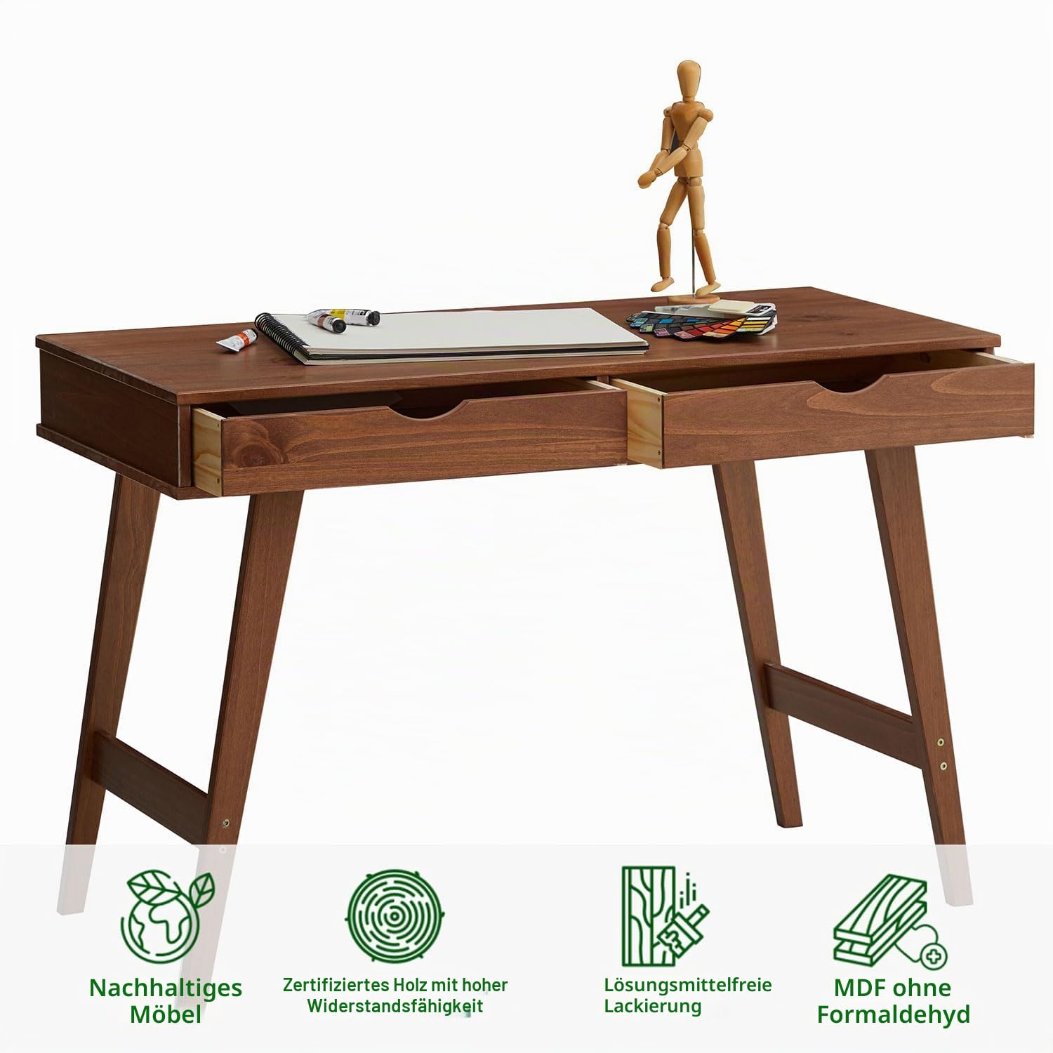 IDIMEX Schreibtisch Milo mit 2 Schubkasten, Massivholz, stabil und langlebig, ideal für Home-Office, Kastanien Farben, Schubladen für Stauraum