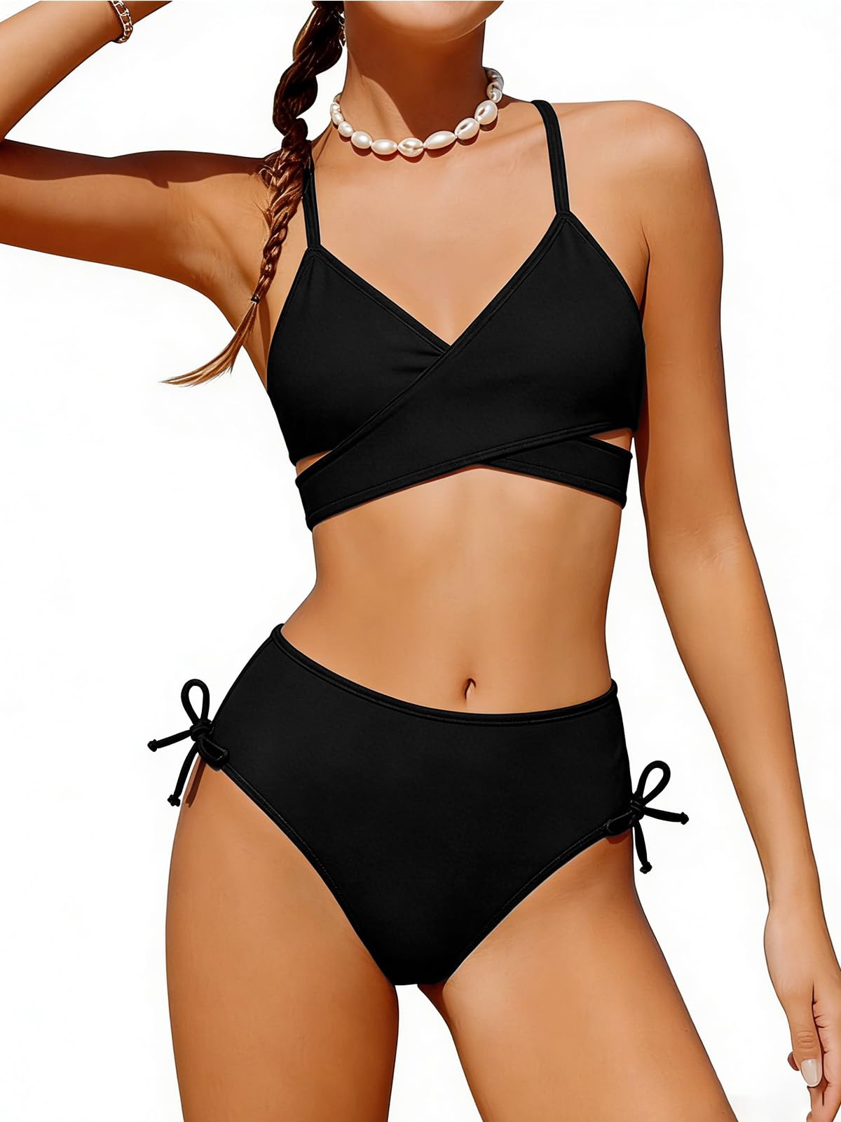 Girls Swimsuit 2 Piece Bathing Suit Cute Bikini Set Color-Block Criss Cross Swimwear with Chest Pad for Teen Girls 9-16Y