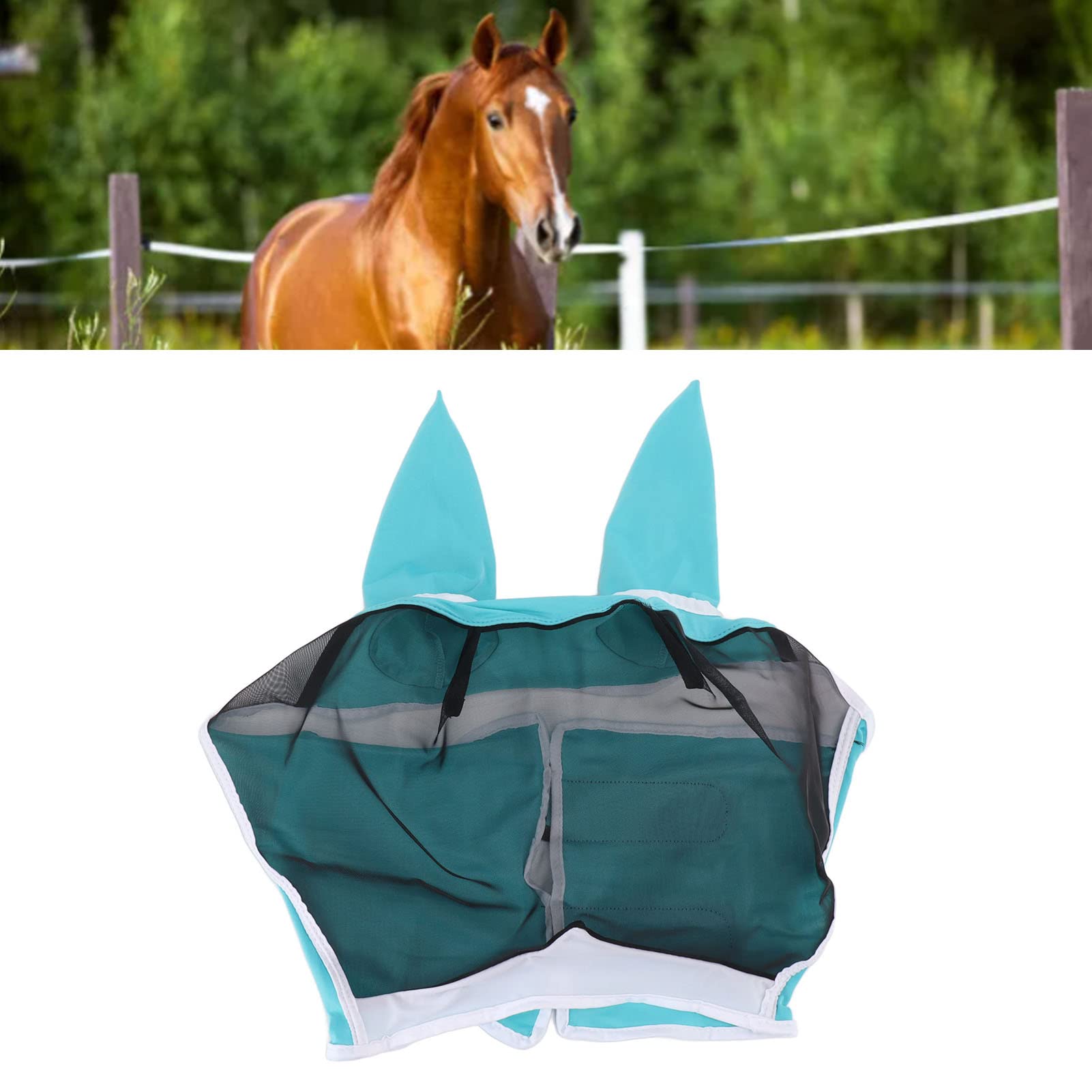 Masque anti-mouches en maille fine pour cheval avec oreilles et franges de nez Protection UV Noir (cheval complet