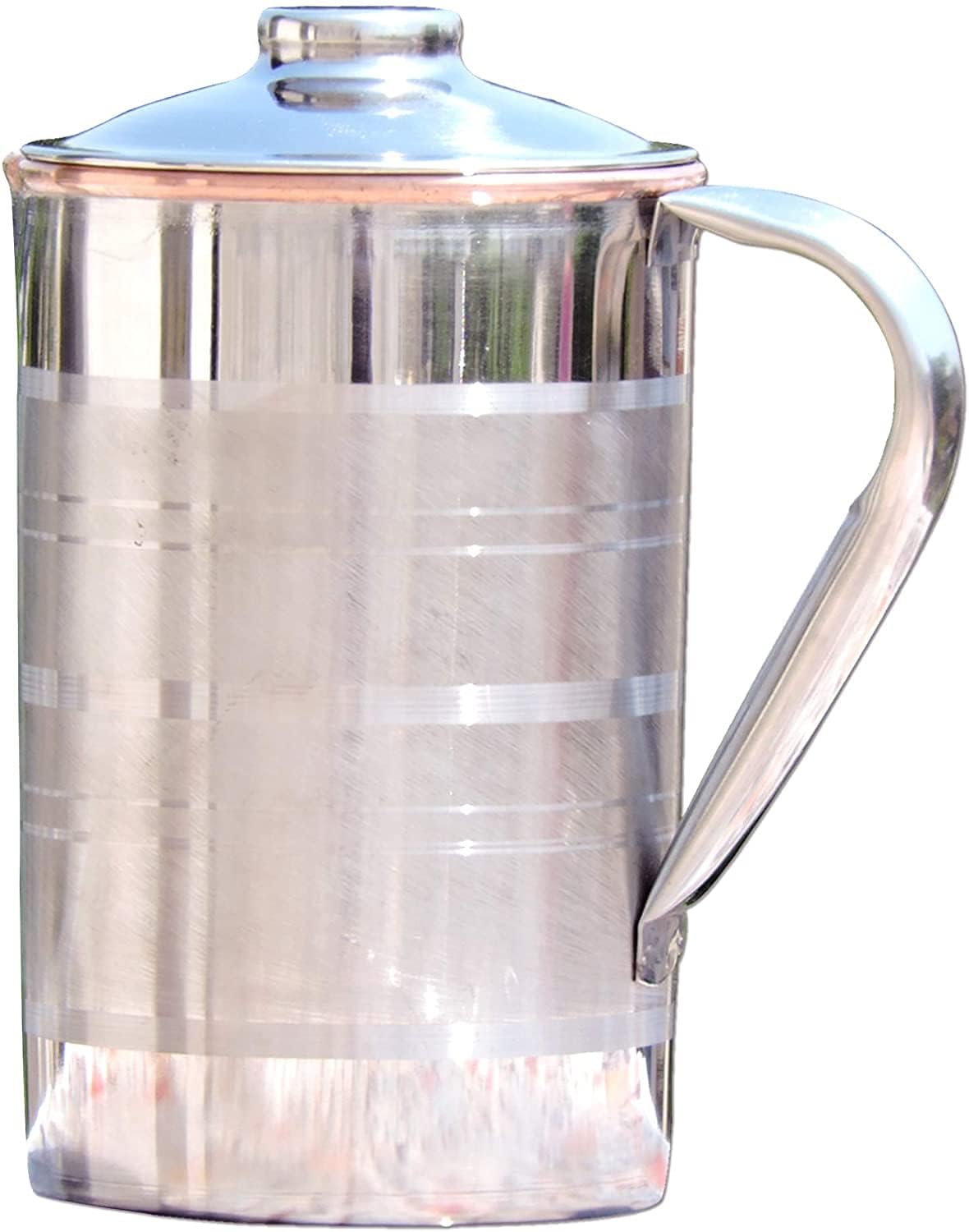 ANCIENTIMPEX Stainless Steel & Pure Copper Pitcher with Lid – Heavy Duty Designer Jug with Unique Ring Pattern