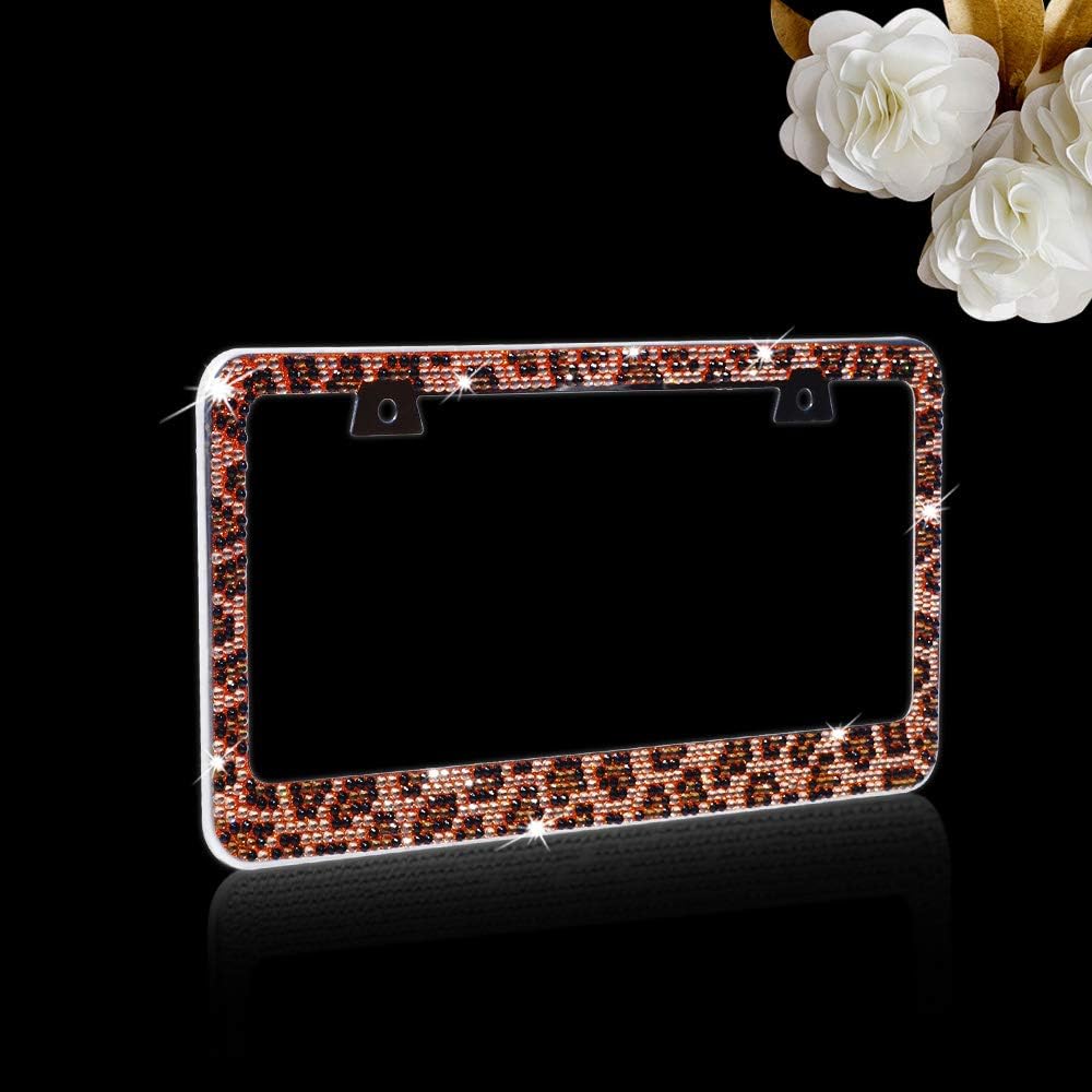 JR2 Premium Bling Brown/Black Leopard(Brown Cap-A Type) Crystal Diamond Rhinestone-Metal Chrome License Plate Frame