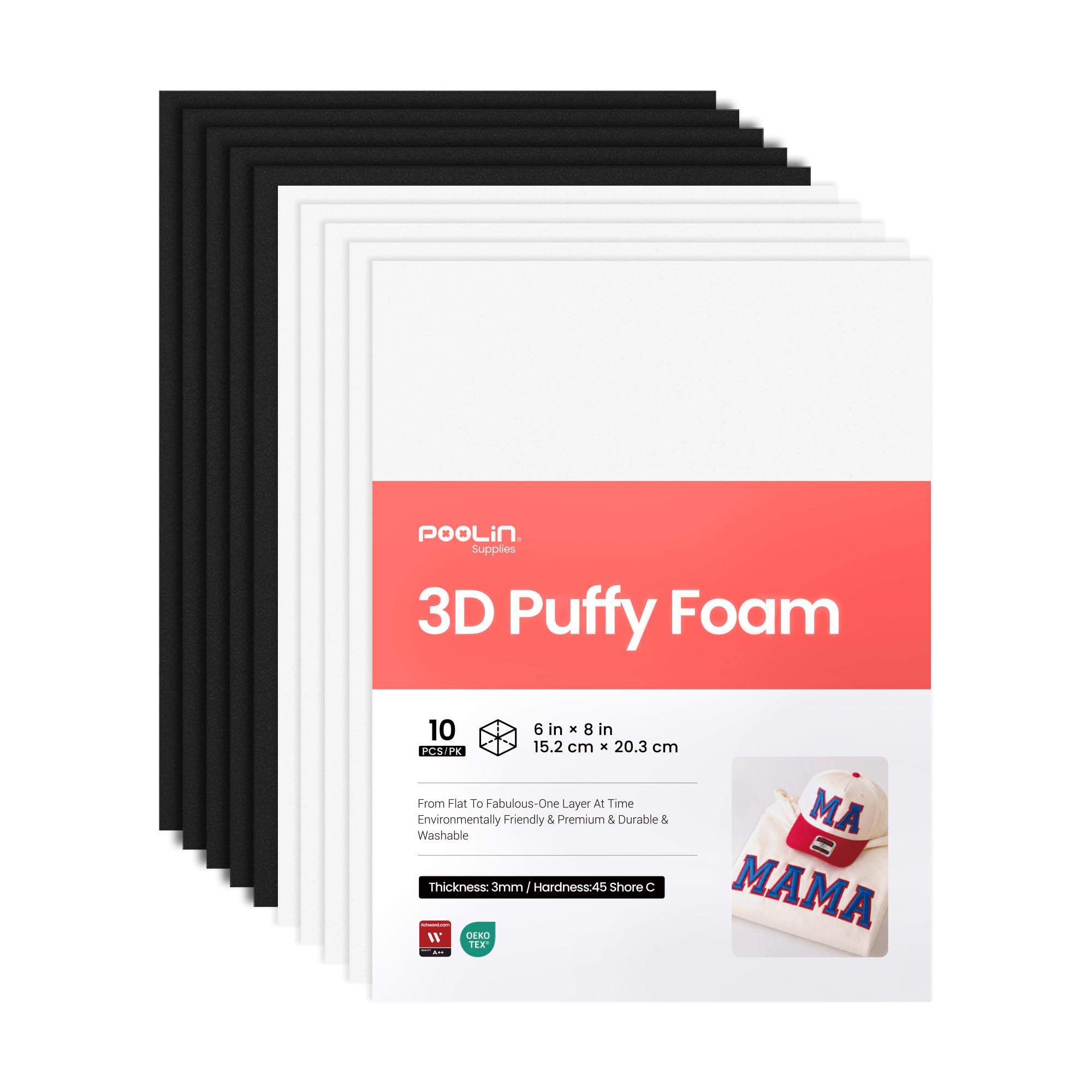 Richword Selected 3D Embroidery Puffy Foam 6"x8" 3MM - 10PCS (5White+5Black) for Caps, Jackets, Garments and More