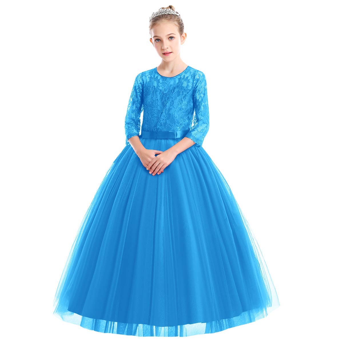 IWEMEK Flower Girls 3/4 Sleeve Floral Lace Tulle First Communion Pageant Dresses Kids Big Girls Princess Birthday Carnival Christmas Bridesmaid Wedding Party Prom Ball Gown 2-14 Years — view 22